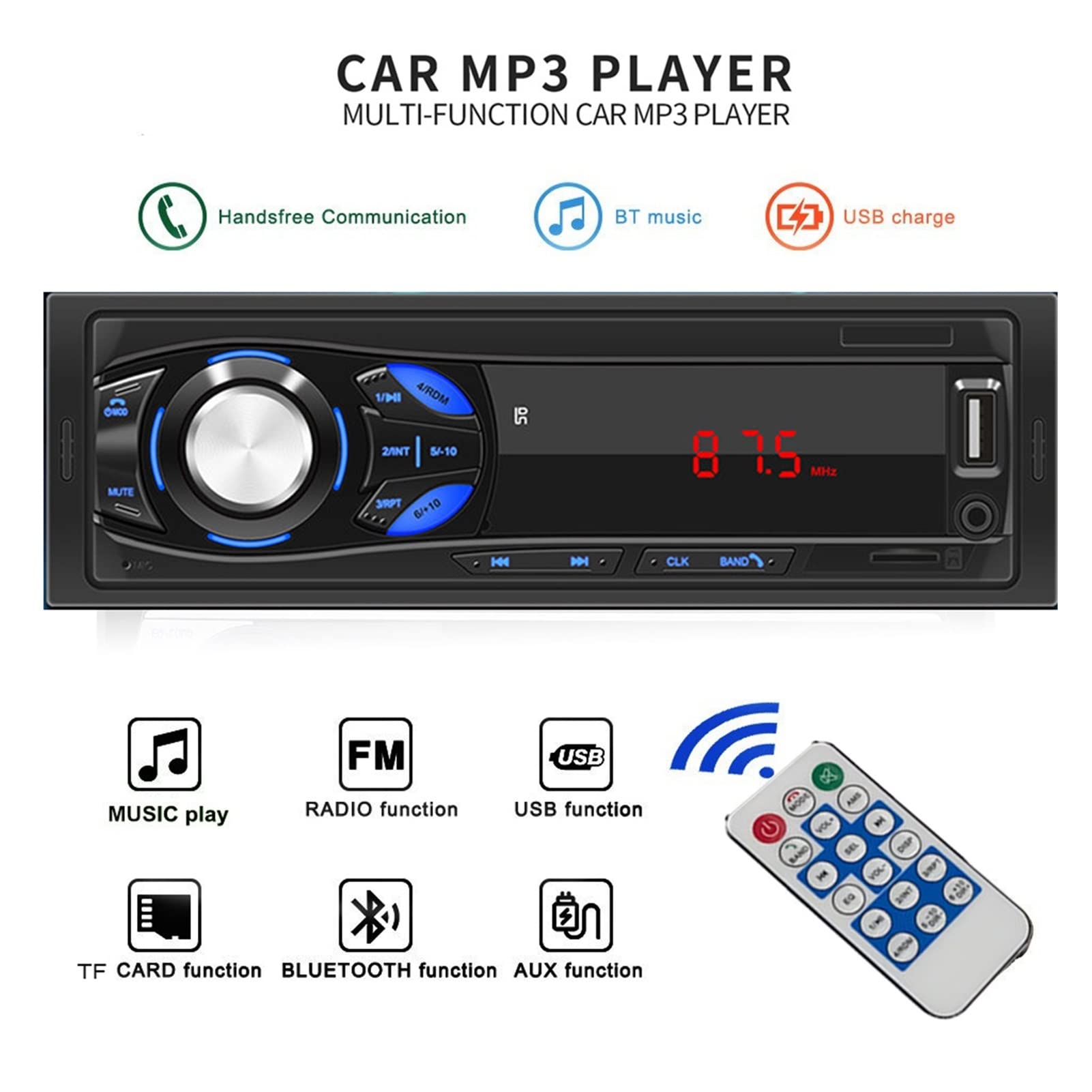 Samochód Fm Radio Digital Bluetooth Audio stereo 12V Radio Autoradio 1din Odtwarzacz mp3 samochodu w Dash USB/TF/Aux-in 5v Ładowarka Przenośny(MP3 Player Only)