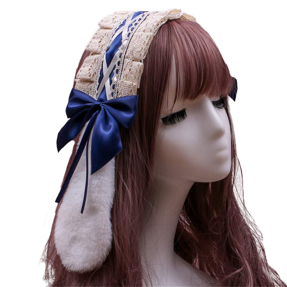 LittleLuludaFurry Bunny Rabbit Ears Clips Bowknot Lolita Maid Lace Headband Accessory (Dark Blue)