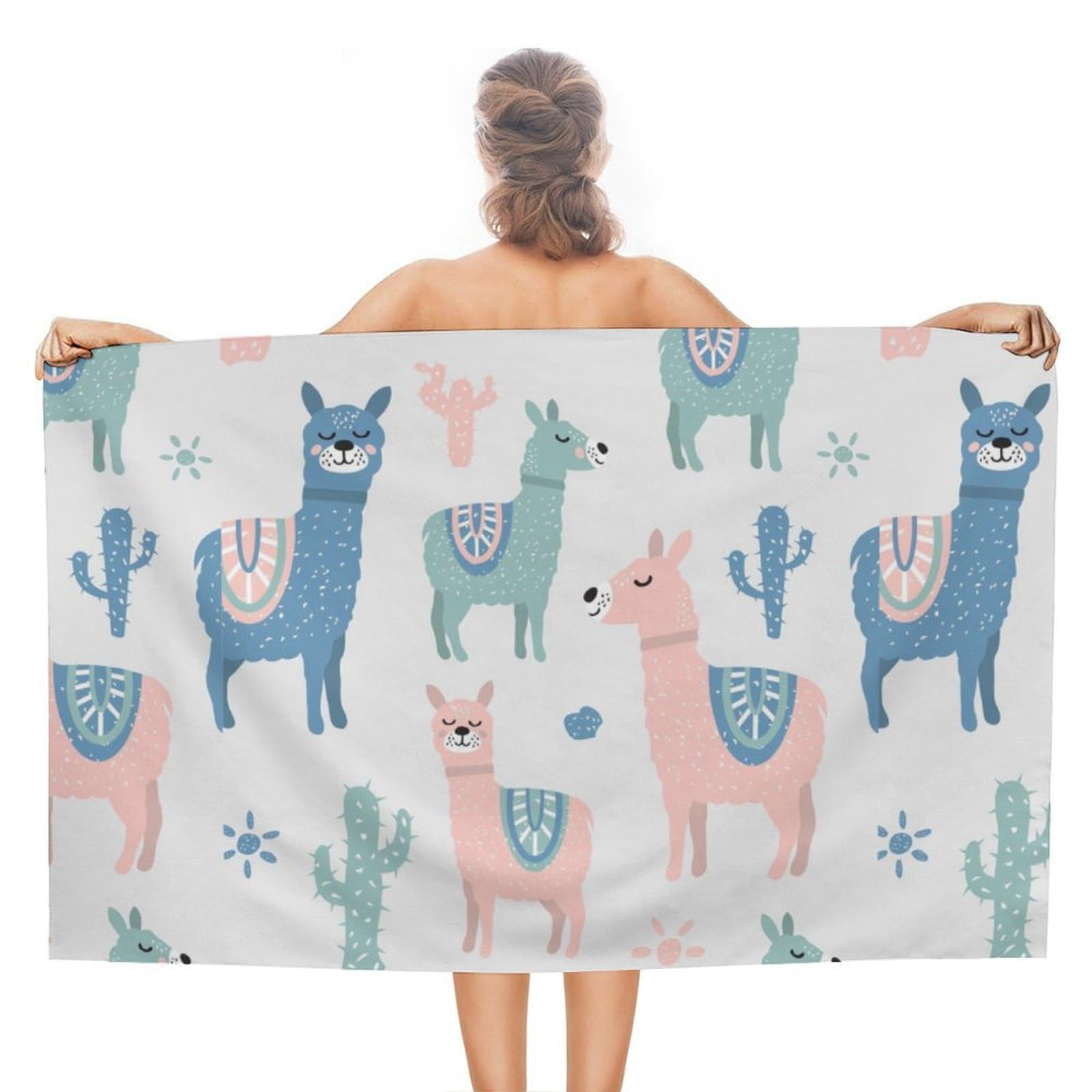 LEDFCVSU Beach Towel, Alpaca Cactus Bath Towel, Absorbent Towel for Swimming, Sports, Travel
