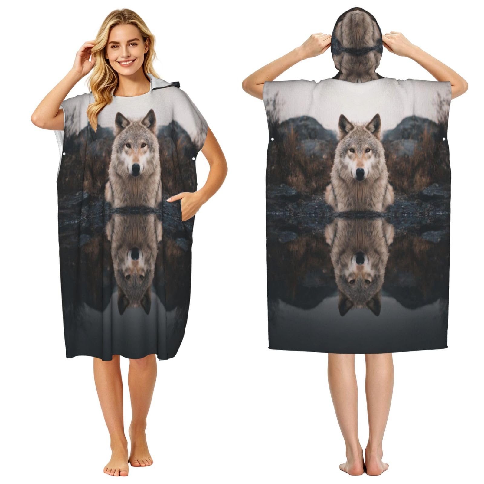 KLGRTJHK The Wolf By The River Adult Hooded Beach Poncho Towel 43"X35"