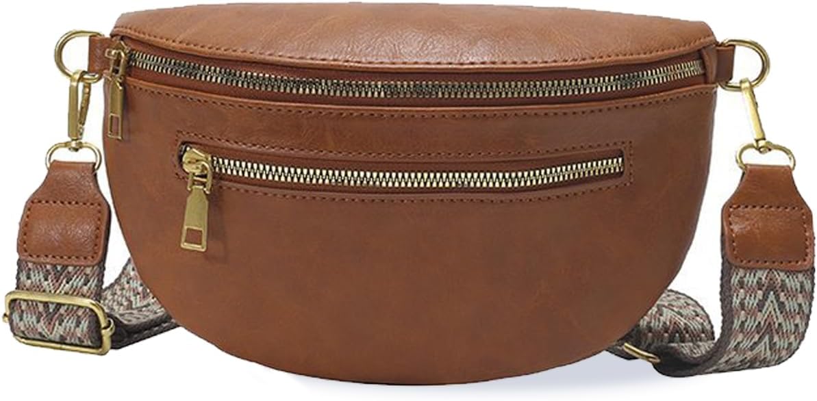 PU Leather Fanny Pack Crossbody Sling Bag for Women - Trendy Belt Bag with Adjustable Strap, Lightweight for Travel Daily Use (Zipper - Brown)