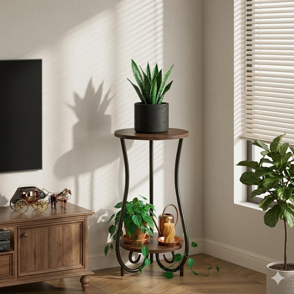 Plant Stand, 2 Tier Round Potted Holder Rack, Flower Pot Stand Shelf, Arc-Shaped Supports Rack, Corner Plant Shelf for Balcony Garden Patio Living Room, Indoor, Brown