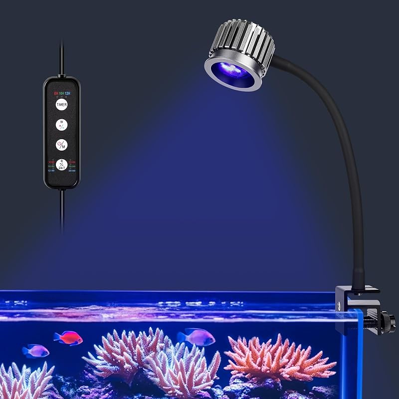 fishkeeper Saltwater Aquarium Light for 5-10 Gallon, 24/7 Reef LED Light | Adjustable Color/Brightness/Timer, 8W Clip On Aquarium Light for Coral Marine Tank, Memory Function