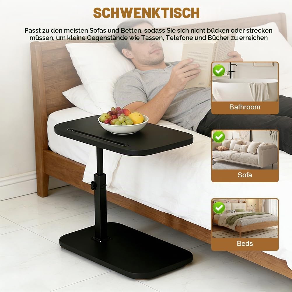 Beistelltisch C Form, Höhenverstellbarer Beistelltisch, Klein Couch Beistelltischs, mit Erhöhtem Rand,360° Drehbarer C Form Beistelltischs,Mobiler Klein Beistelltischs für Sofa Bett Kaffee (Schwarz)