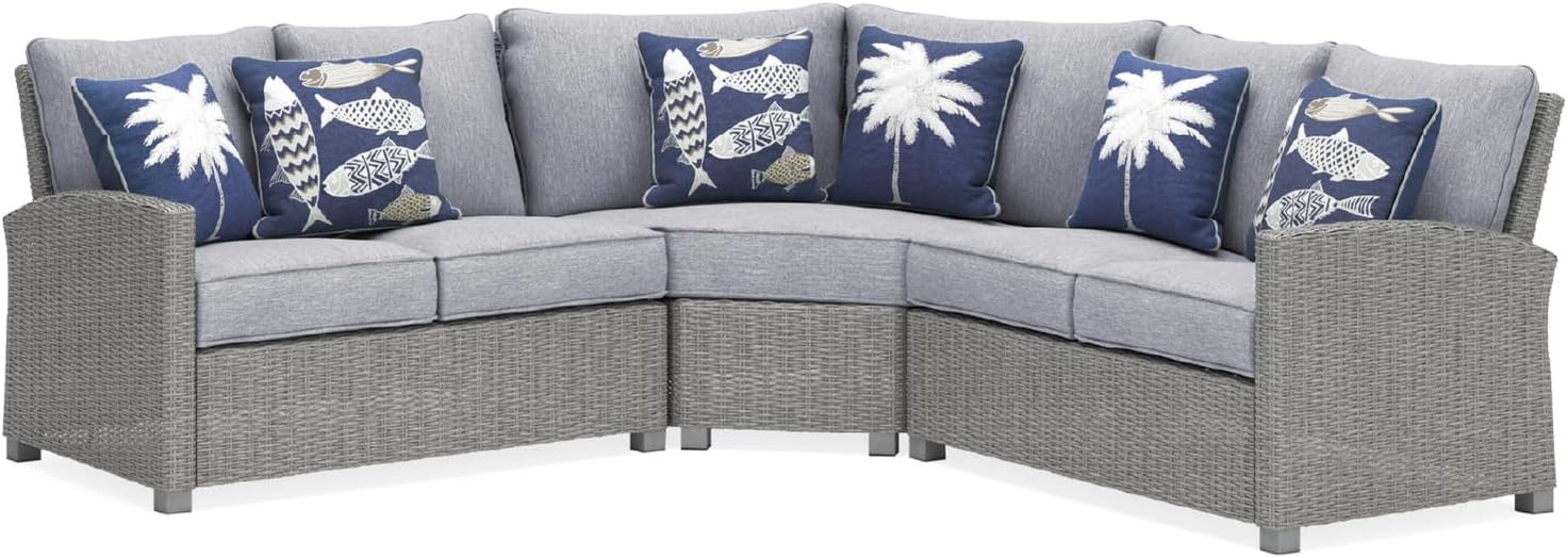 Signature Design by Ashley Naples Beach Curved Coastal 3-Piece Outdoor Sectional with Cushion and 6 Throw Pillows, Light Gray