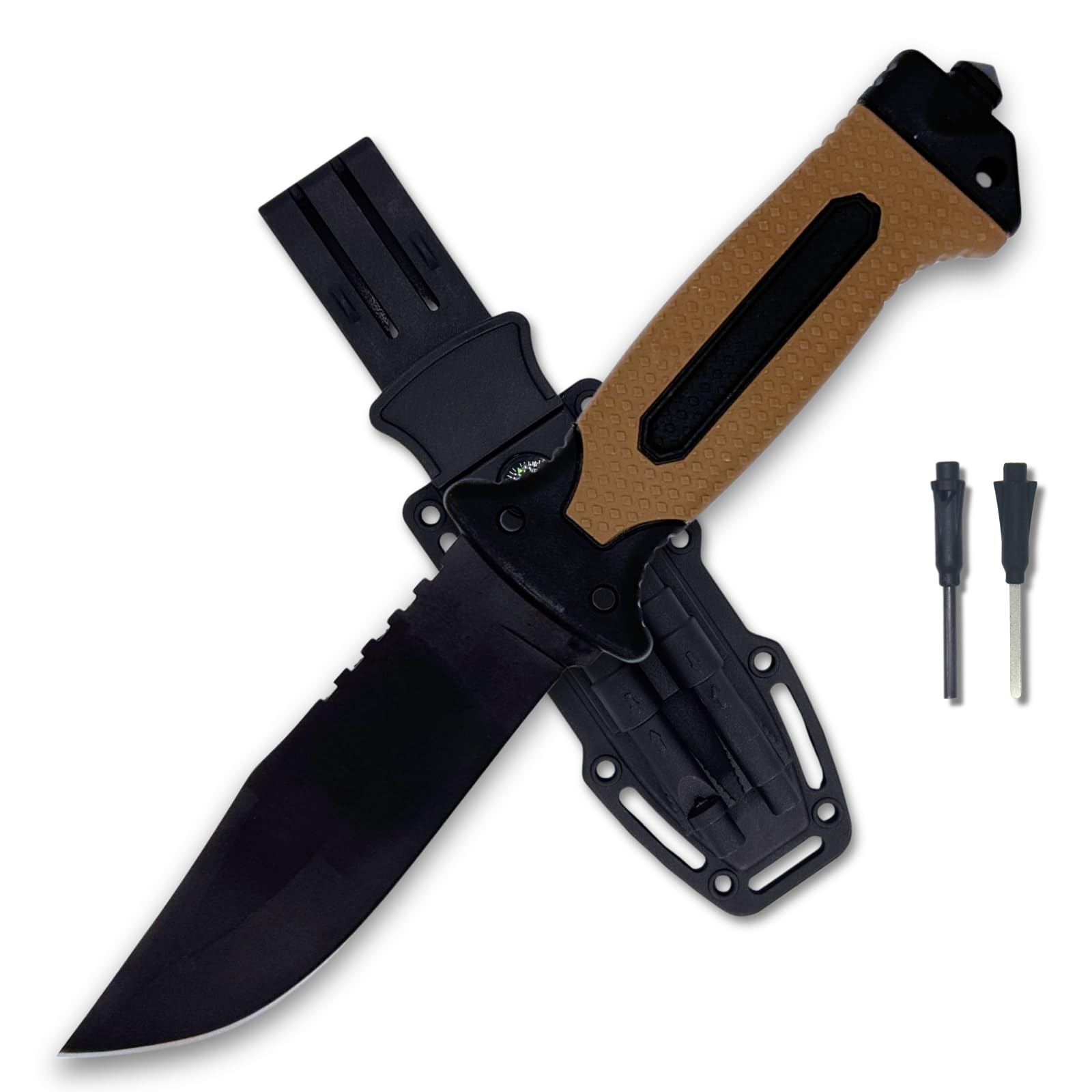 Coltello Sopravvivenza Lama Combinata 13cm Acciaio Inox, Manico Antiscivolo Marrone, Fodero ABS, Accendifuoco, Fischietto, Pietra Affilatrice e Rompivetro – Bushcraft, Camping, Trekking, Idea Regalo