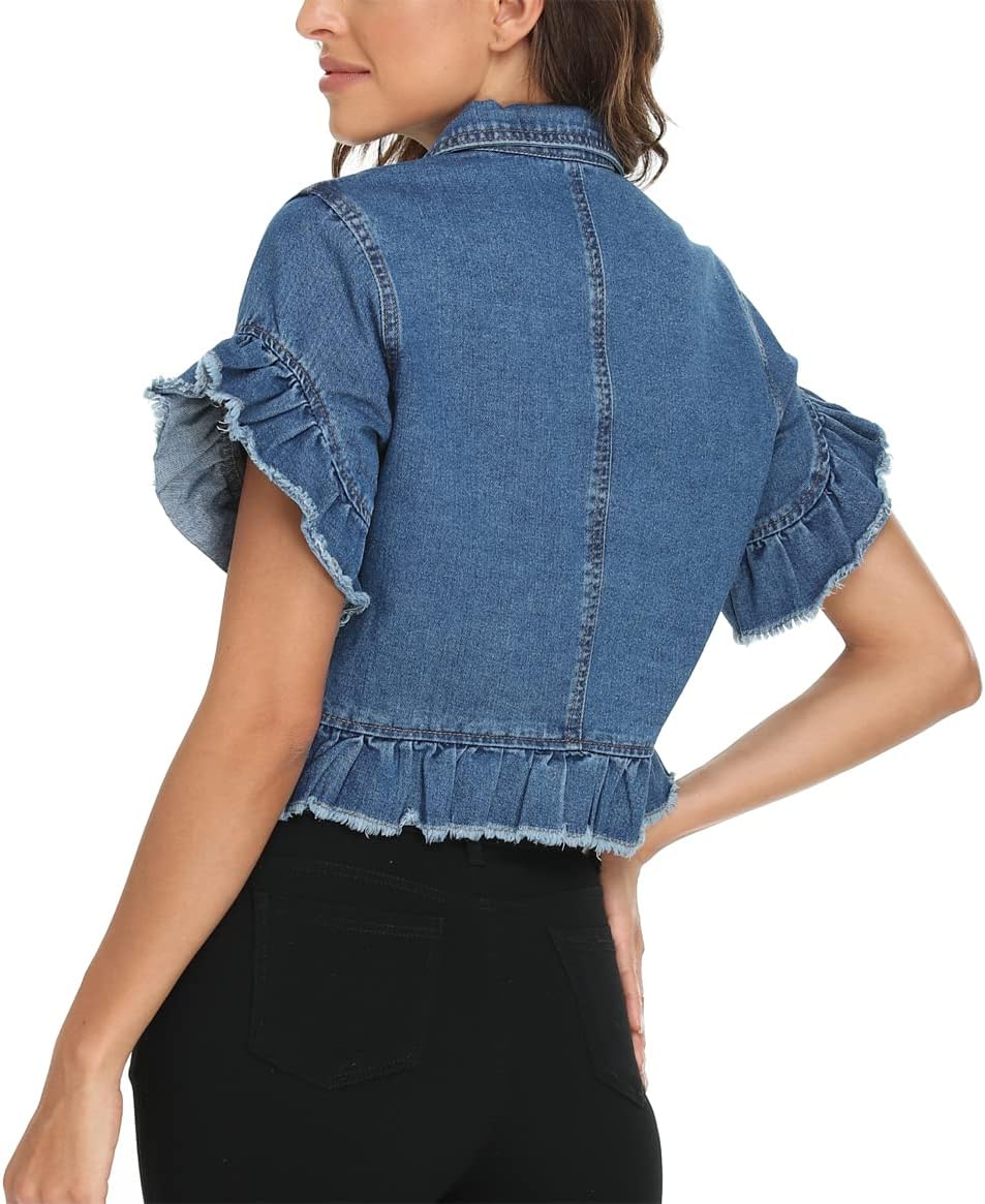MISS MOLY Women's Denim Jacket Ruffle Sleeve Button Down Distressed Summer Cropped Jean Jackets - Image 2