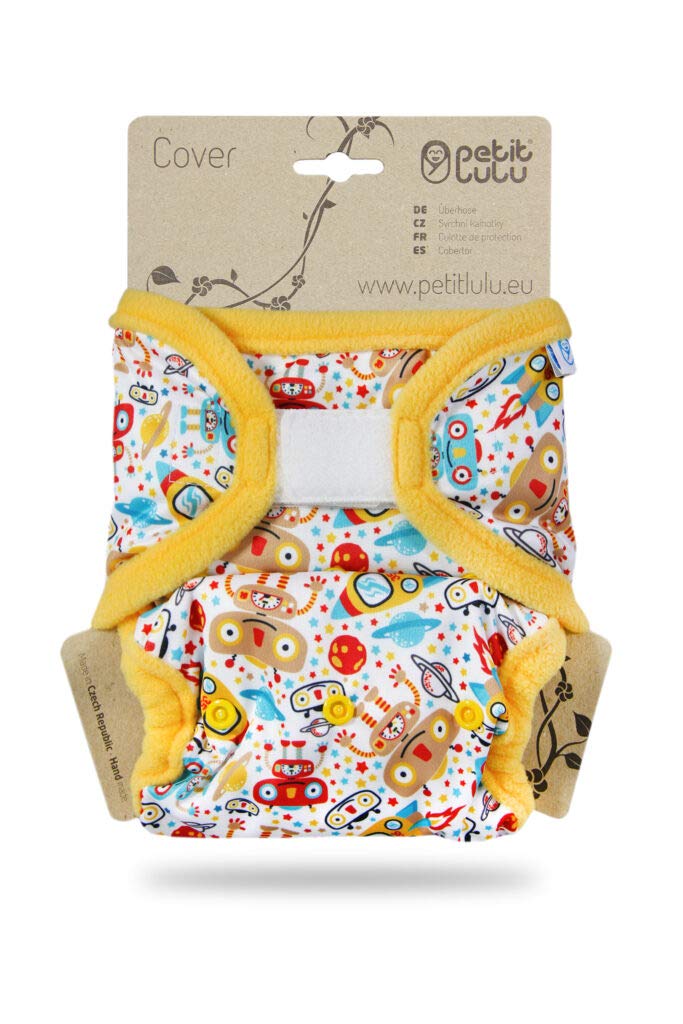 Petit Lulu Prefold Wrap One Size (5-16 kg) Hook & Loop Waterproof and Adjustable Diaper Reusable & Washable Made in EU (Robots)