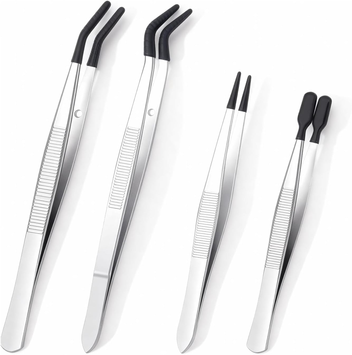 4 Pcs Rubber Tip Tweezers Set, Non-Scratch PVC Coated Tips - Fine Point, Flat & Bent Head Tweezers for Crafts, Jewelry Making, Electronics, Eyelash Extensions