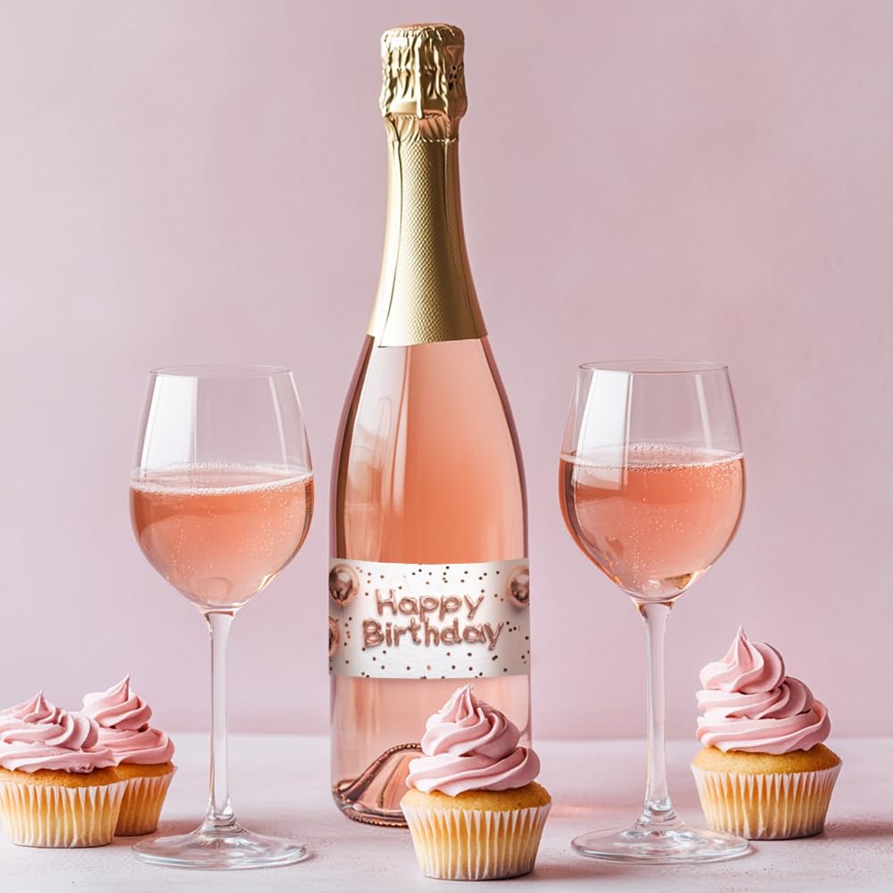 PH PandaHall 40pz Etichette per Bottiglie di Vino Adesivi per Bottiglie di Vino Happy Birthday, 4 Stili Adesivo Etichetta Vino Adesivo Rosa Dorato per Cocktail Anniversario, 9x5cm