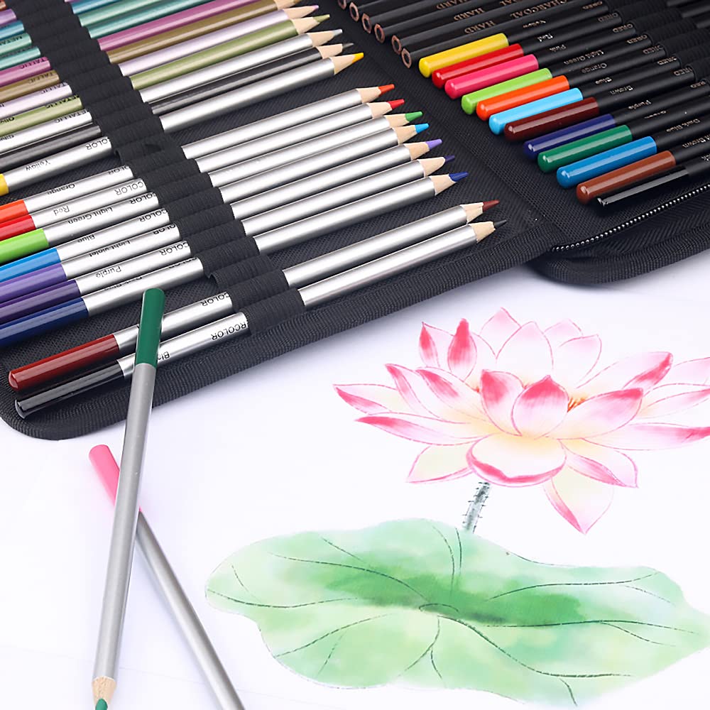 Kit de croquis complet de 72 pièces avec sac de transport, crayons de couleur, crayons graphite, fournitures artistiques pour débutants, artistes professionnels