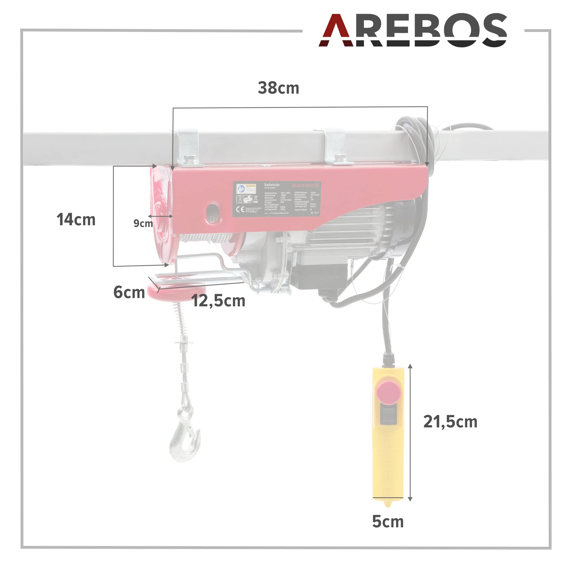 Arebos Elektrische Seilwinde 1000W Seilhebezug Kabelfernbedienung Hubhöhe 12m Tragkraft 300-600kg TÜV Rheinland GS