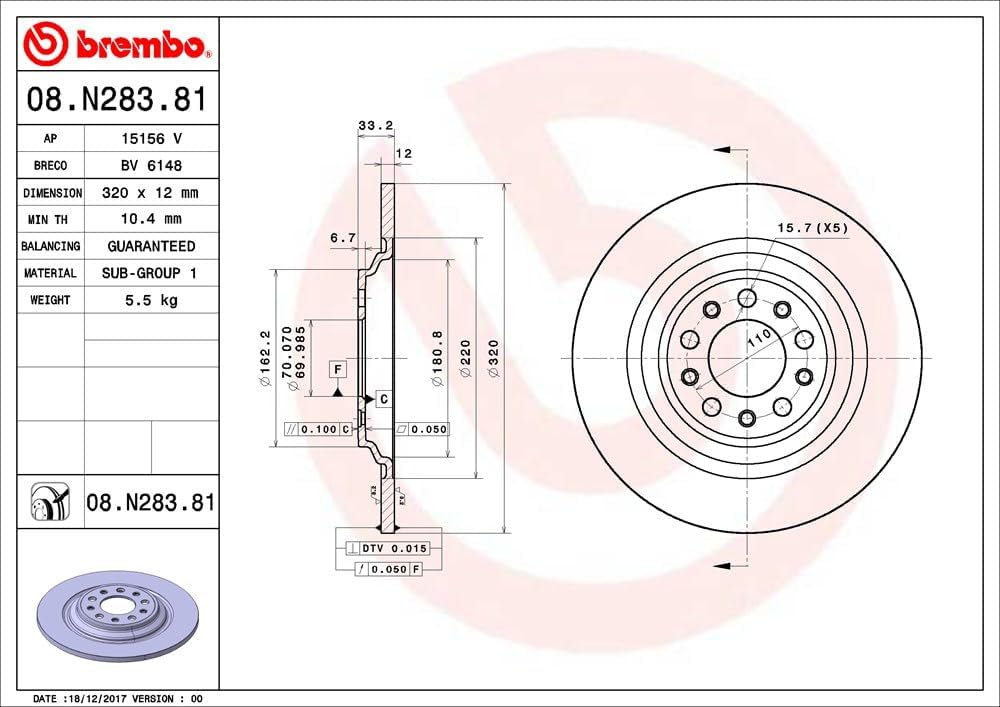 Brembo 08.N283.81 UV Coated solid Brake Rotor JEEP/JEEP (GAC FCA) OE# 4779886AB