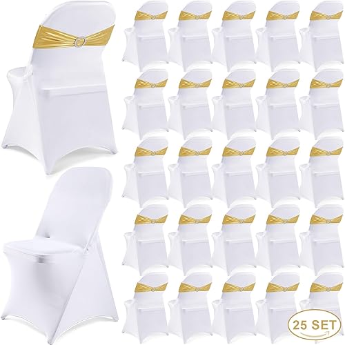 Juego de 50 fundas para sillas plegables blancas con 25 fundas de elastano para silla, 25 bandas de lentejuelas, lazos, lavables, fundas protectoras