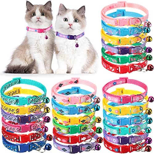 24 Pcs Puppy Collars for Litter Cat Collar with Bells Soft Nylon Whelping Puppy Collars Adjustable Reflective Cat Collar for Newborn Pets Dogs, Assorted Colors (Cute Style)