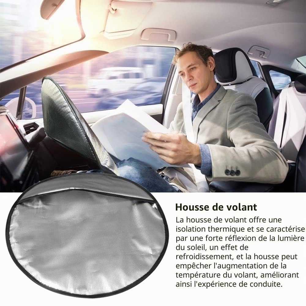 Pare-Soleil Volant Voiture, Couverture Protection Solaire de Volant Protection Thermique de Couverture de Volant Voiture pour SUV Camion Fourgon (Diamètre 44cm)