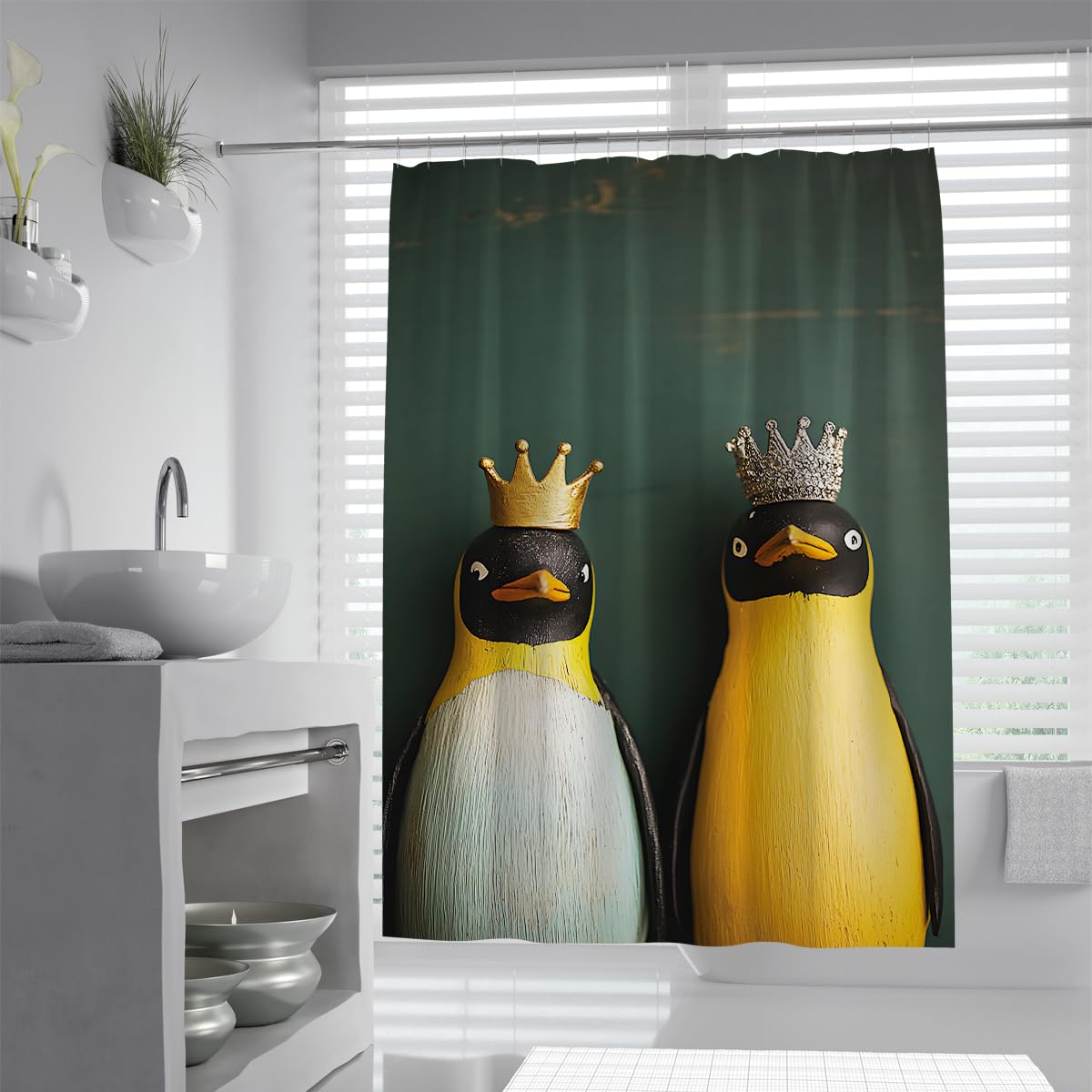 UIRINGART Penguin Shower Curtains W120xL180cm Cute Yellow Birds Dark Green Background Waterproof Mould Resistant Washable Fabric Bath Curtain Bathroom Decoration with Hooks