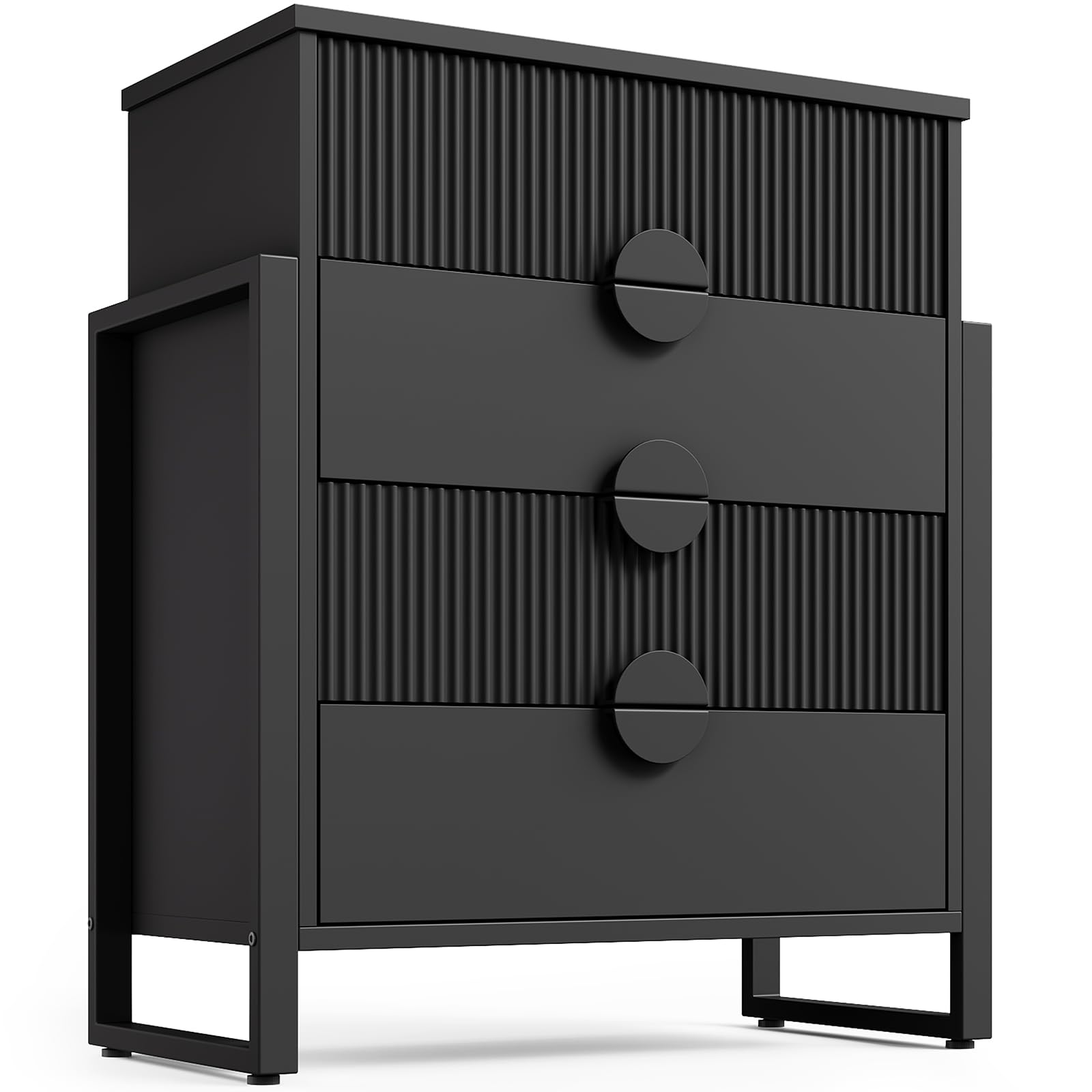 LGHM Fluted Tall Dresser, Modern Dressers for Bedroom, Accent 4 Drawers Nightstands, Bed Side Table- Curved Profile Design, Raising Legs for Bedroom, Living Room,Hallway,Black