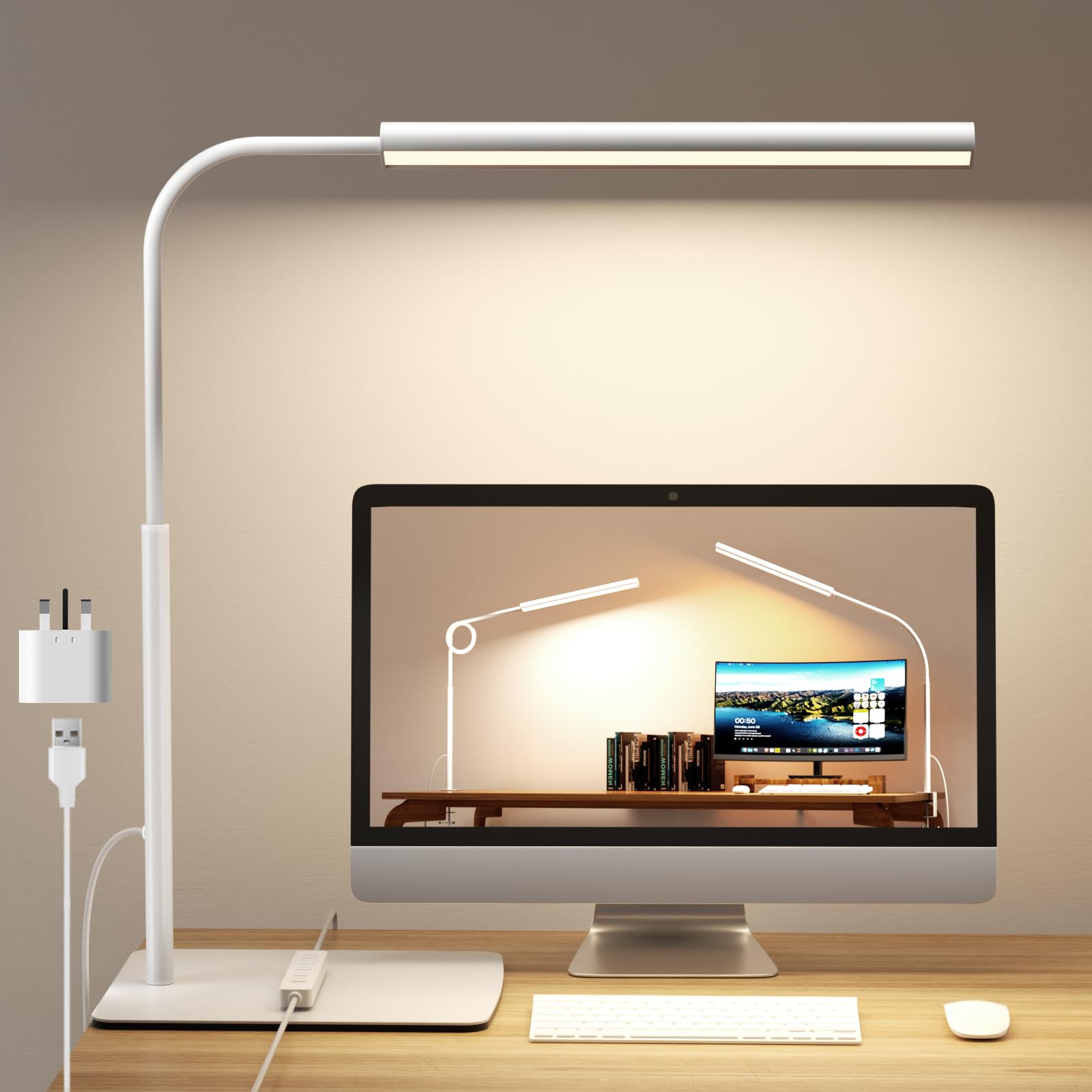 WHW3WIN LED Desk Lamp with Clamp and Base - Flexible Gooseneck - 5 Lighting Modes, 11 Brightness Levels, Timer & Memory, Eye-Comfort Study/Nail Light, 12W Adapter Included
