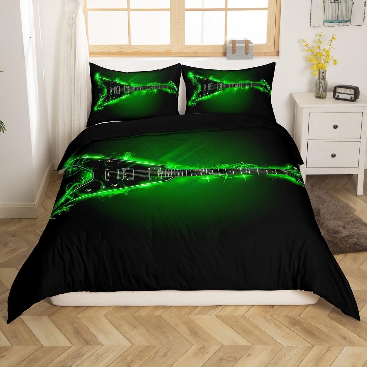 Erosebridal Boys Guitar Comforter Cover Set Twin Size Musical Instruments Duvet Cover Novelty Flaming Music Bedding Set, Burning Green Flame Bedclothes Fashion Pop Rock Bedroom Decor, Black image 3