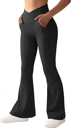 RUUHEE Pantalones de yoga cruzados acanalados para mujer con bolsillos, cintura alta, acampanados, leggings acampanados