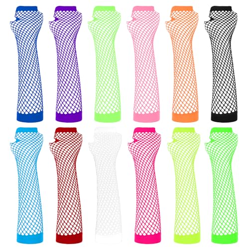 Vin Beauty 12 Pairs Neon Fishnet Gloves Long Fingerless Fishnet Arm Sleeves for Cosplay Halloween Party Scene Clothes for Women and Girls 80s Party Costume Accessories Supplies (12 Colors)