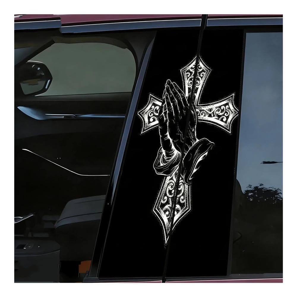 Bertdcx One Color Praying Hand Cross Car B Pillar Sticker Waterproof Vinyl Retro Art Auto Parts