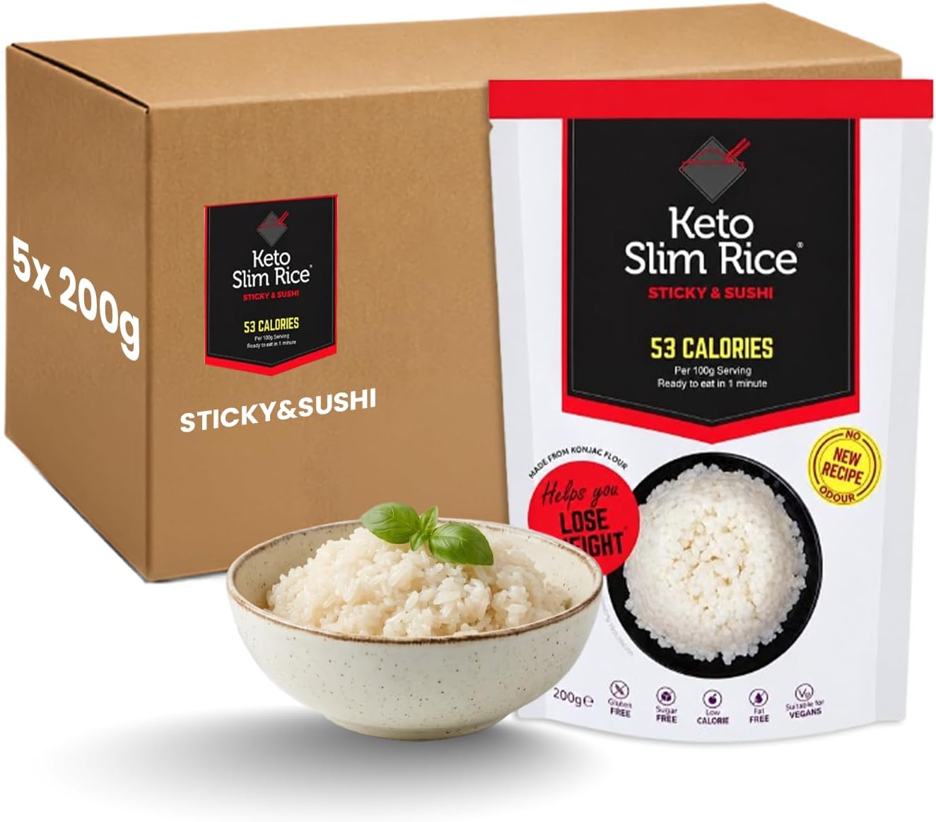 Eat Water Slim Sticky Rice– Konjac Low Calorie Rice Alternative, Ready to Eat No Drain Shirataki Rice for Sushi & Meals | Low Carb, Keto Friendly, Vegan, Gluten Free & High Fibre Rice 200g (Pack of 5)