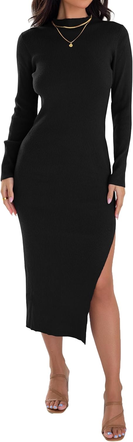 ZESICA Women's 2026 Ribbed Knit Dress Long Sleeve Mock Neck Slim Fit Side Slit Fall Elegant Sweater Dresses