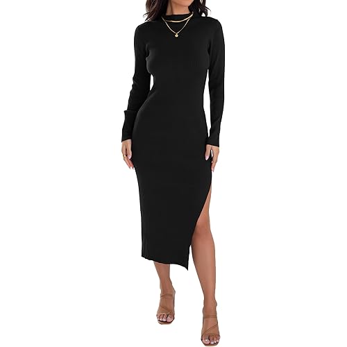 ZESICA Women's Mock Neck Sweater Dresses Long Sleeve Side Slit Slim Fit Fall Elegant Ribbed Knit Midi Dress