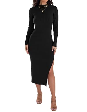 ZESICA Womens 2026 Ribbed Knit Dress Long Sleeve Mock Neck Slim Fit Side Slit Fall Elegant Sweater Dresses
