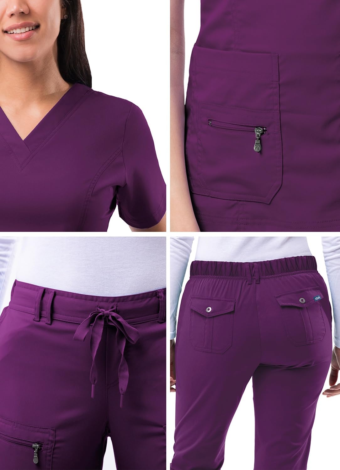 Adar Uniforms Uniforme Medico Donna - Top con Scollo a V/Pantaloni Multi-Tasca - 4400 - Eggplant - S