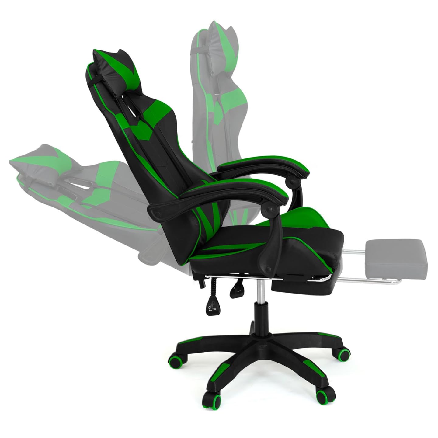IDMarket Alex - Sillón de juego ajustable con reposapiés, cojín de cabeza y cojín Lumbar, color negro y verde