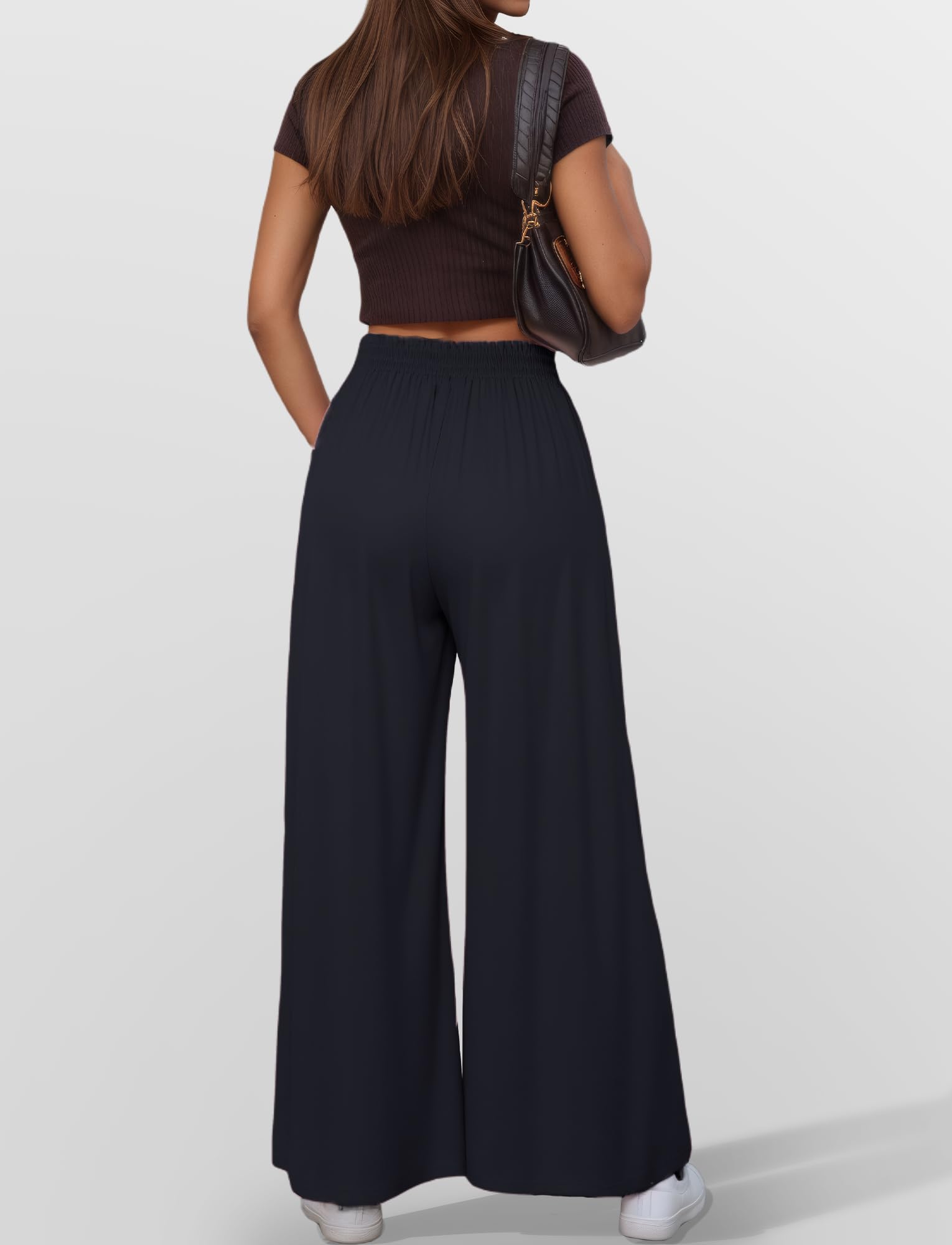 SEAUR Pantalon Ample Femme Palazzo Fluide avec Poches Style Décontracté Élégant Pantalon de Yoga Danse Taille Élastique