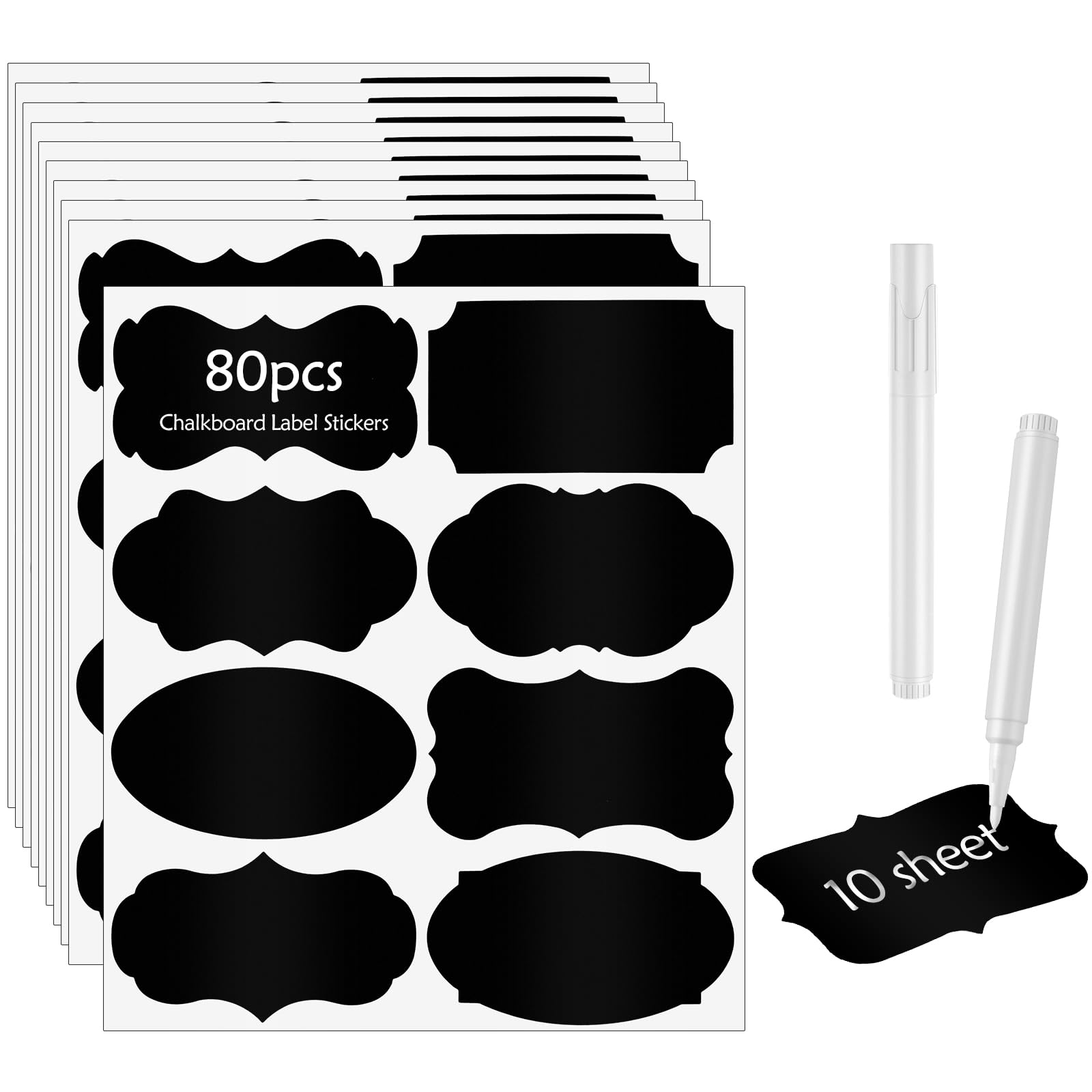 Poeland 80pcs Chalkboard Label Stickers, 8 Assorted Shapes with 2 White Chalk Marker