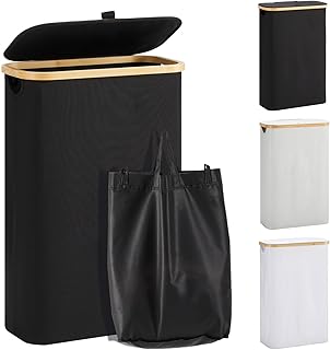 YOUDENOVA Cesto para la colada con tapa, 48 L, estrecho, con bolsa de lavandería, plegable, de madera de bambú, color negro