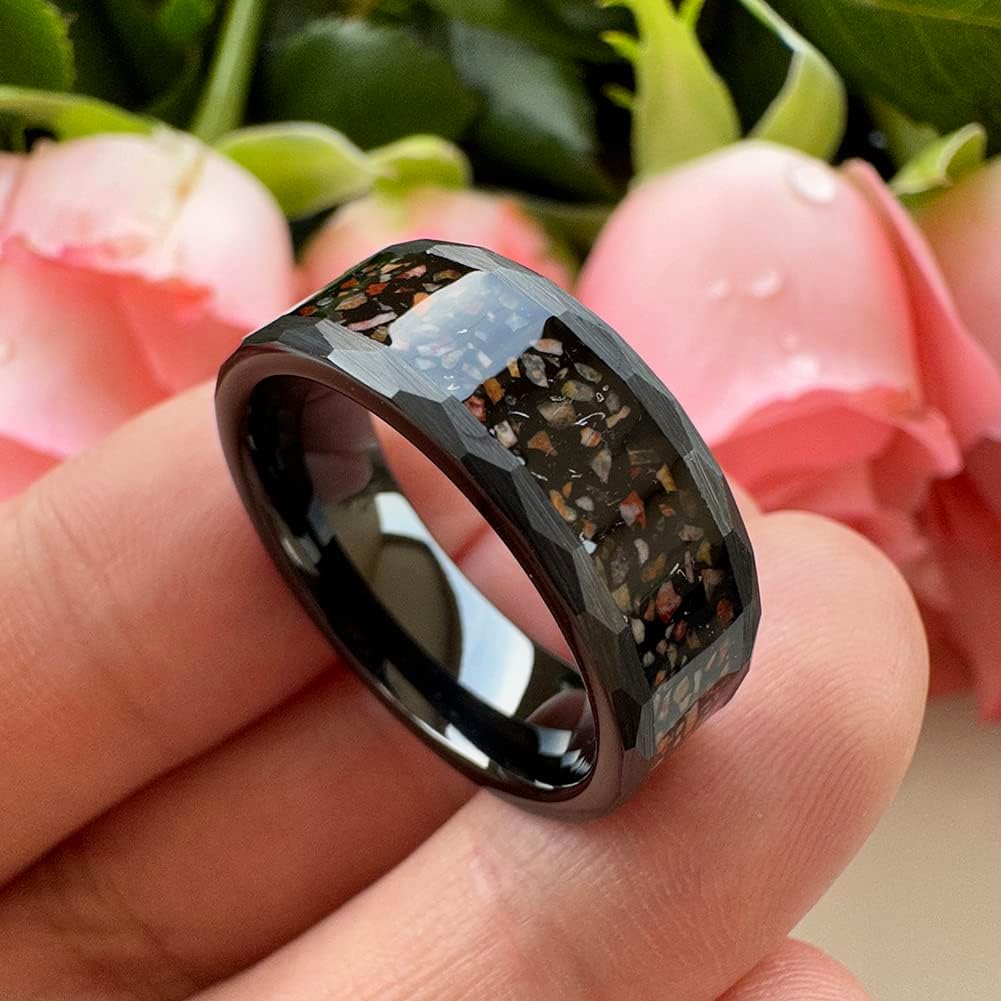 8mm Silver/Black Hammered Tungsten Rings for Men Women Engagement Wedding Bands Dinosaur Bone Meteorite Chip Inlay Matte Comfort Fit - Image 2