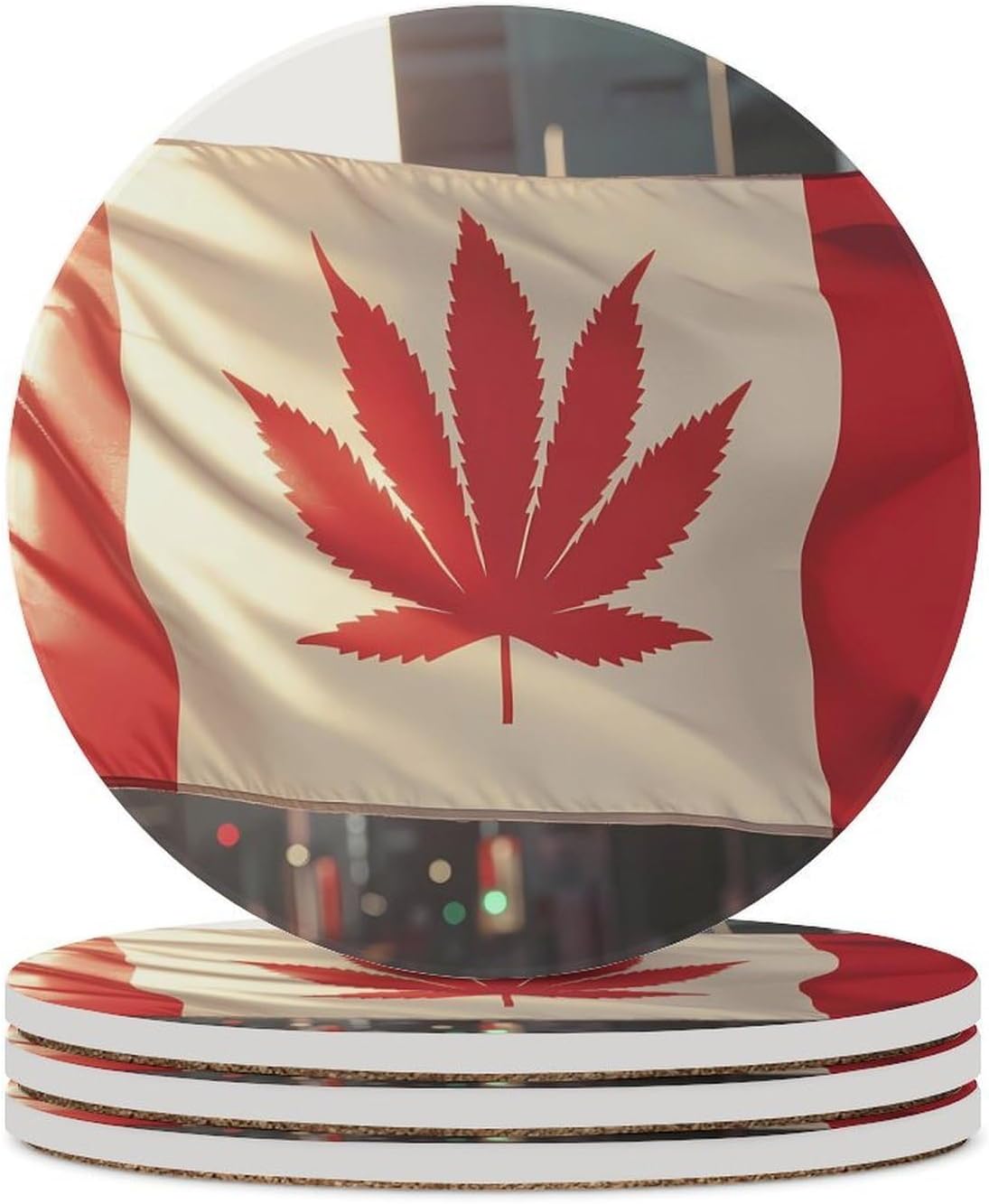 Canadian Weed Flag Funny Round Ceramic Coasters for Drink Absorbent Cup Holders Tabletop Protection