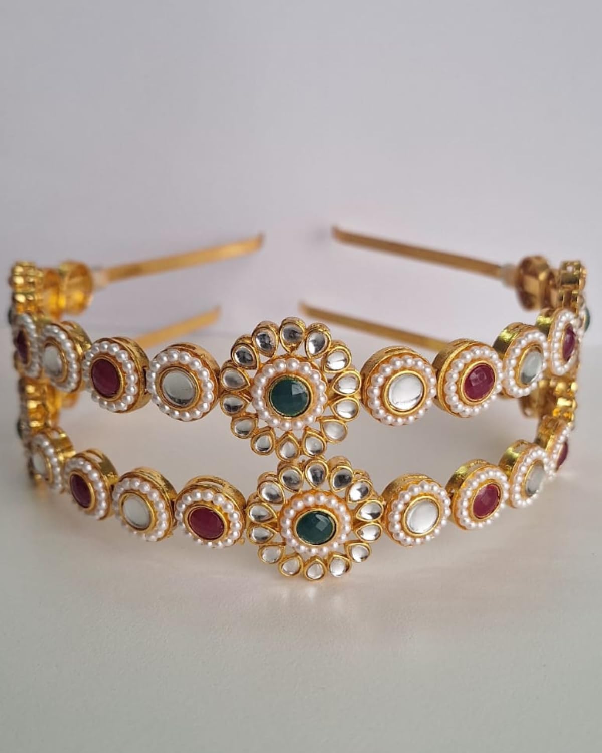 Flower Kundan Mathapatti Hairband with Green & Red Stones and Pearls | Gold Plated Bridal Headband | Traditional Hair Accessories for Women | Mathapatti Hairband & Sheesh Patti Wedding Hair Accessories (Pack of 1)