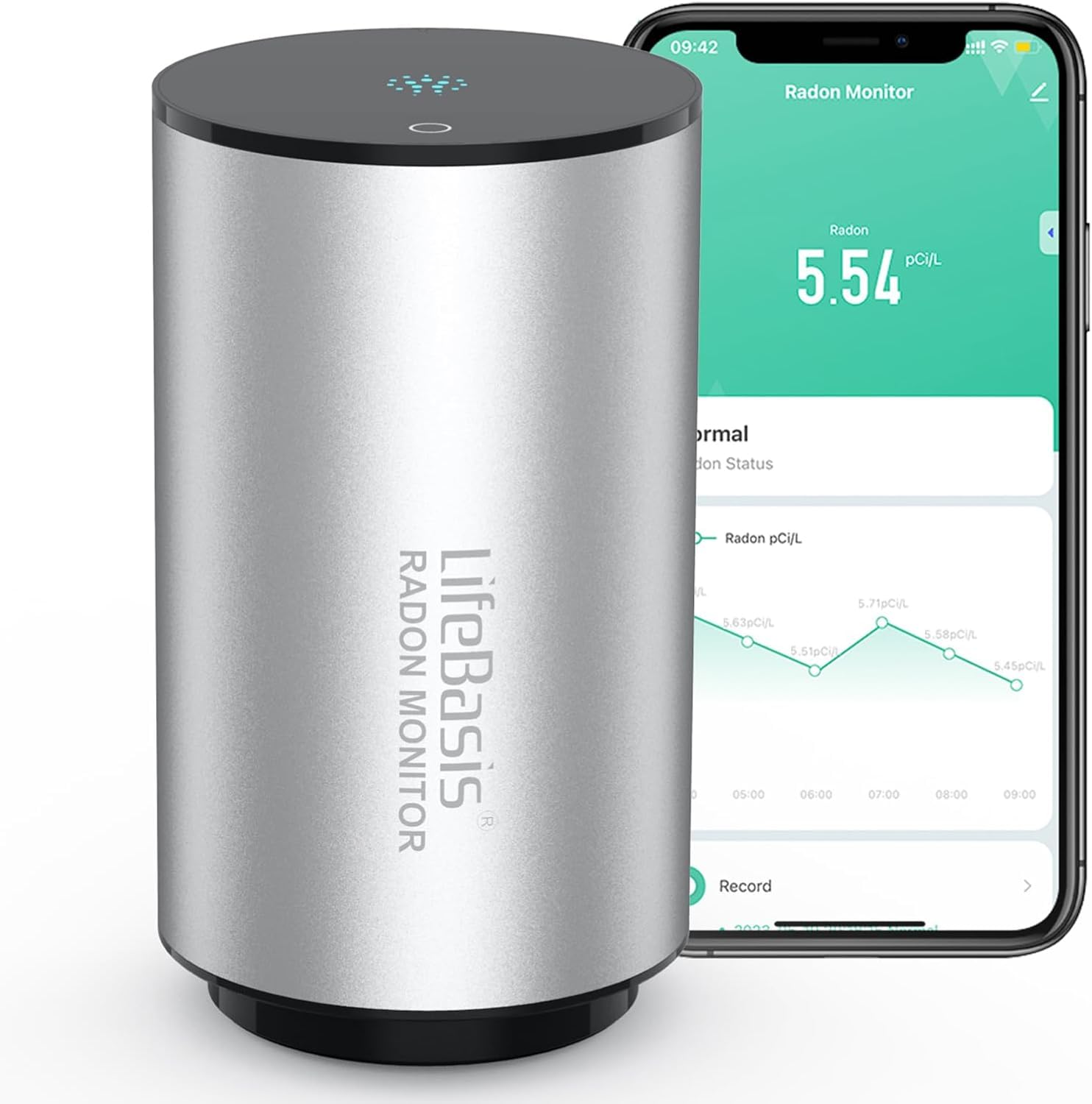 Life Basis Radon Detector for Home Basement, Smart Radon Monitor Fast Capture of Fluctuating Levels, Radon Tester Short & Long-Term Monitoring with Notifications - Connected Mobile App & WiFi