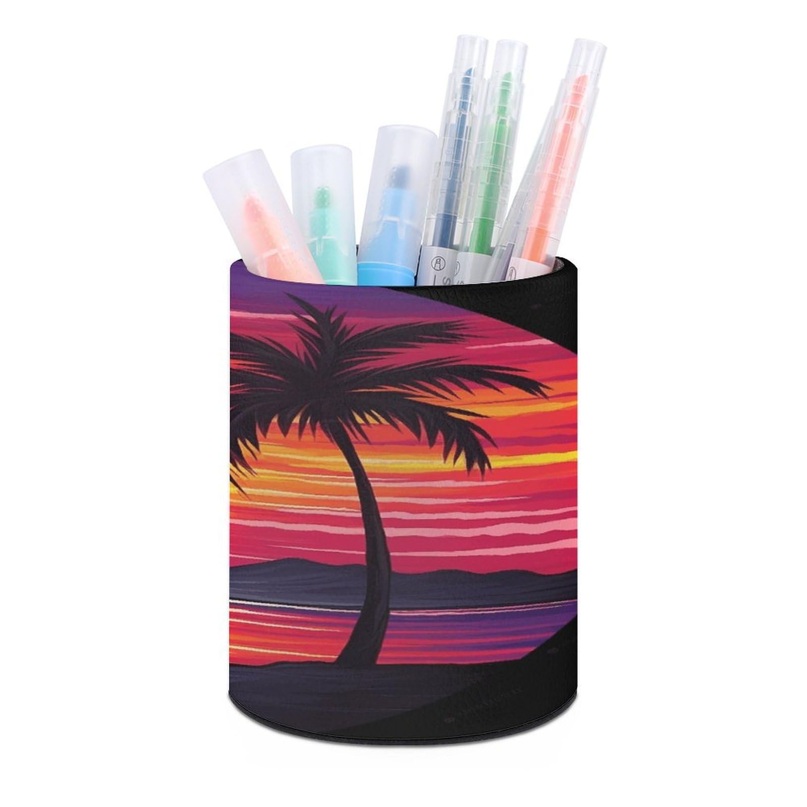 FekiLoot Palm Tree Sunset Design Pen Holder Personalized Desktop Pencil Holders Case Office Accessories Container Box for Round Pen Cup Desktop Organizer Makeup Brush Holder Caddy Storage