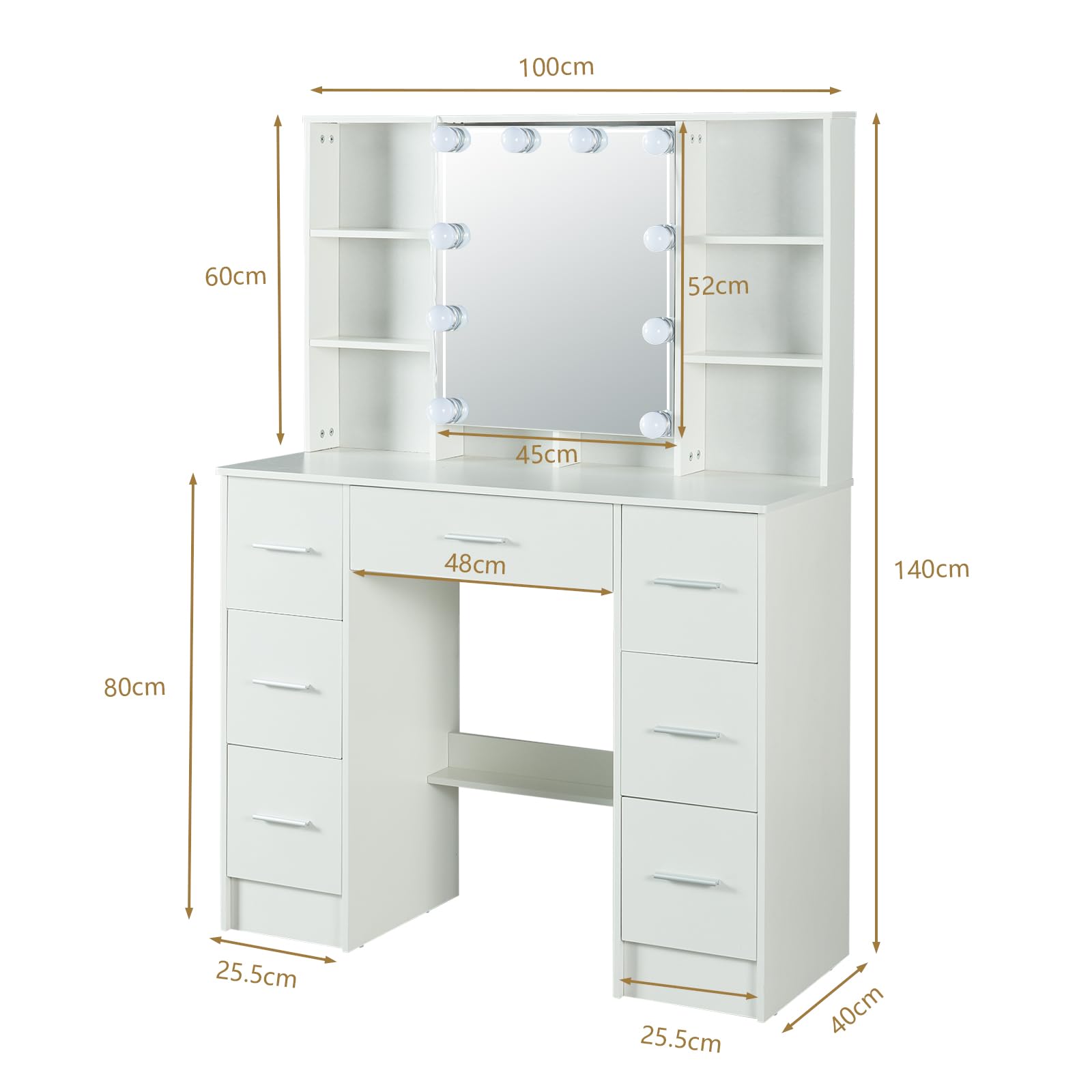 Toeletta con Sgabello e Luci LED, Luminosità Regolabile, Tavolo da Trucco con Specchio, Toeletta da Trucco con 7 Cassetti e 6 Ripiani, Moderno, Bianco, 40x100x140 cm