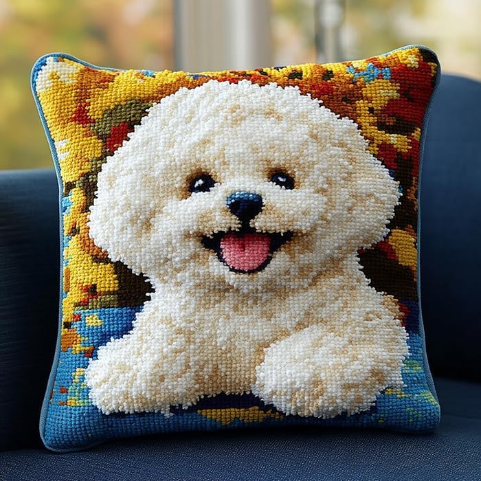 ORLUMY Cartoon Animals Latch Hook Kits Bichon Frise Cute Dog Latch Hook Kit Hanging Needlework Pillow Cover Latch Hook Carpet Kit 17X17 Inch