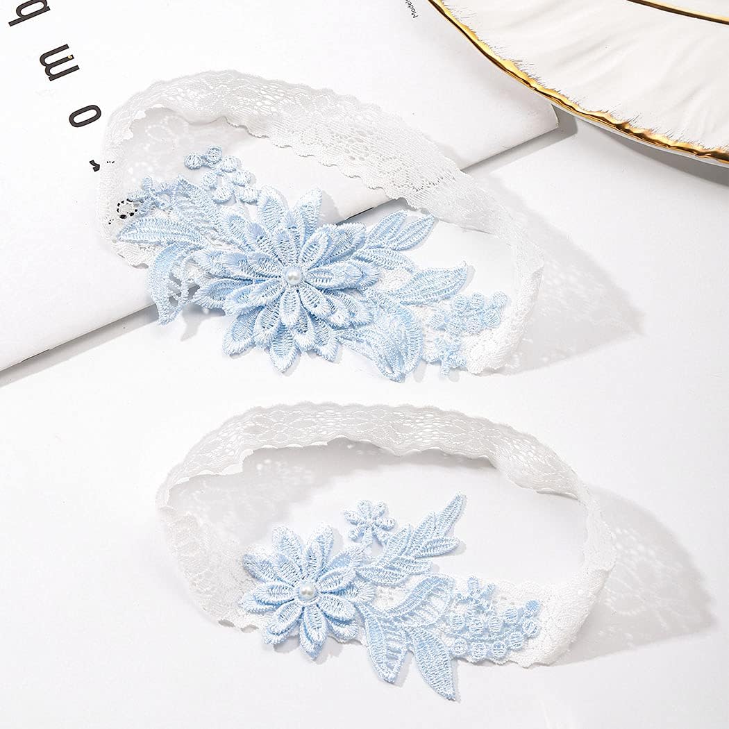 Bridal Wedding Garter Blue Lace Floral Garters Stretch Leg Garter Set Bridal Accessories for Women
