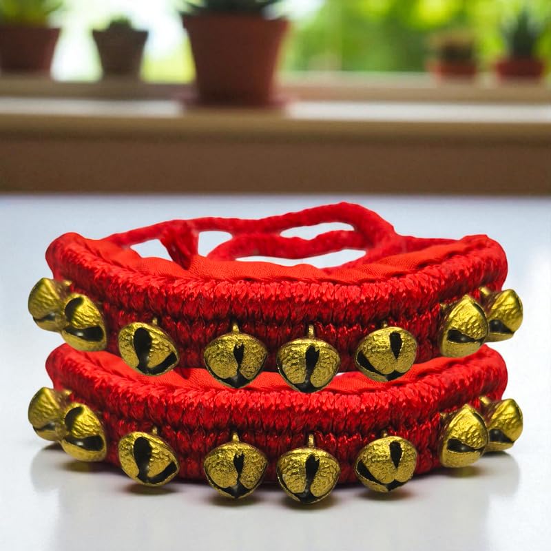 Brass Ghungroo Red Pad 1.6 Cm Bells Size Indian Professional Handmade Dancing for Bharatanatyam and Classical Dance Accessories || Anklet for Kids and Adults (1 Line pad (8+8) Bells)-image-29