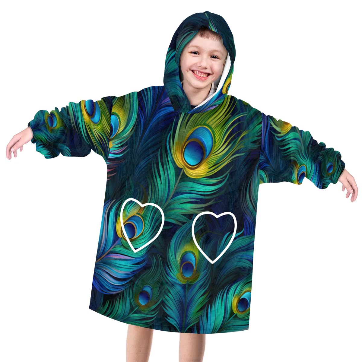 Wearable Blanket Hoodie for Kids, Feathered Peacock Fleece Sweatshirt Blanket Oversized Blanket Sweatshirt with Pocket Flannel Warm Hooded Blanket 6-10 Year Old Girl Boy Gift, One Size