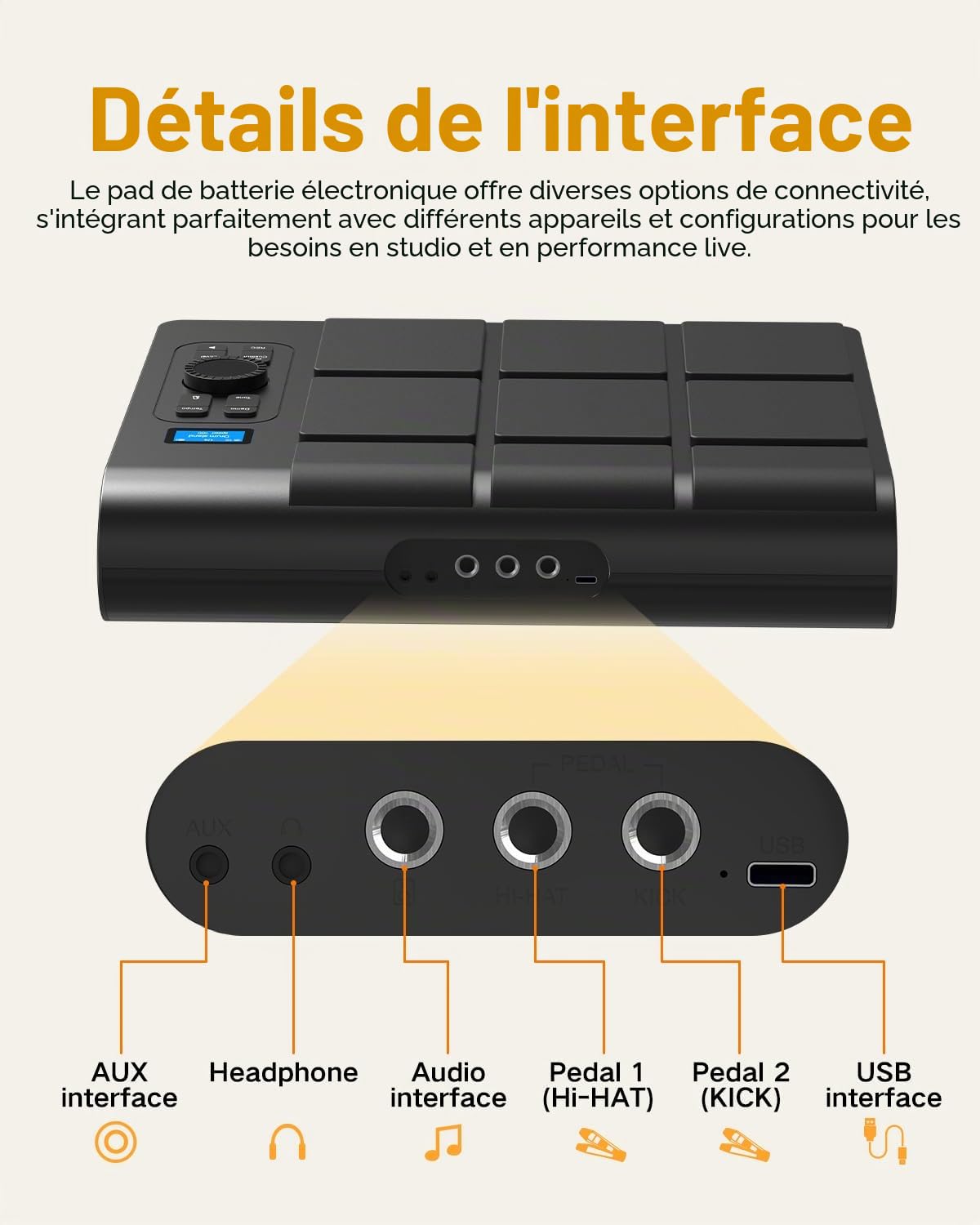 Kit de batterie électrique portable 9 pads avec écran LCD, deux haut-parleurs stéréo et pédales – Batterie numérique pour débutants/professionnels, compatible PC/Mac, pratique à domicile et
