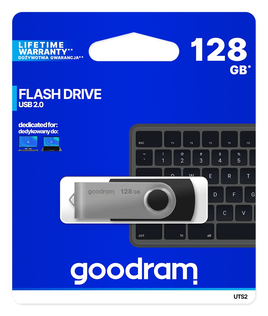 Goodram - Pamięć Flash USB UTS2, Pendrive USB 2.0, 128 GB - Prędkość Odczytu do 20 MB/s - Prędkość Zapisu do 5 MB/s - Nasadka Ochronna - z funkcją Breloka - Czarny