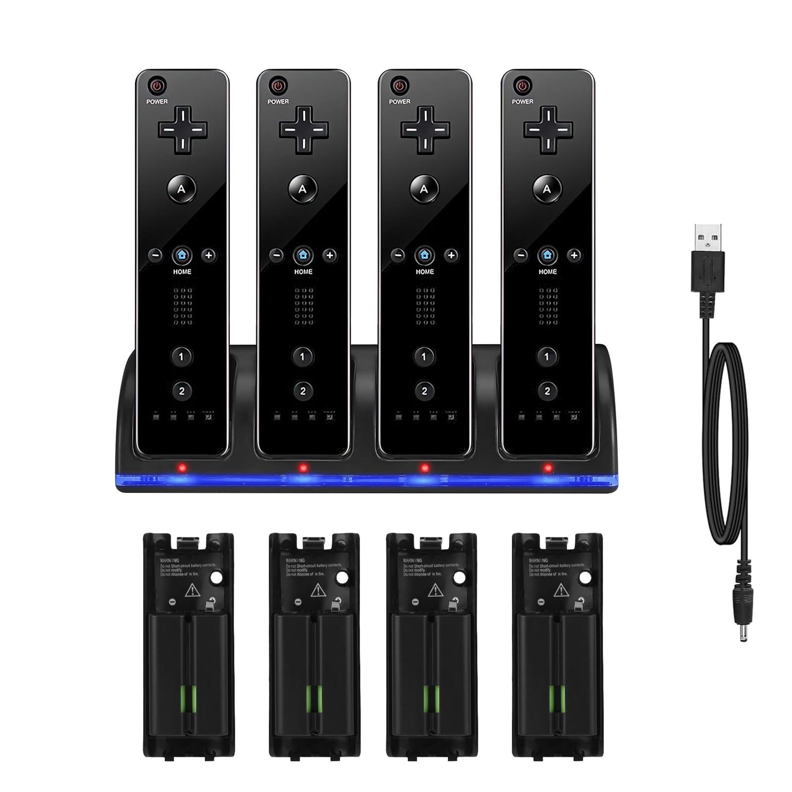Stazione di Ricarica per Controller Wii, con 4 Batterie Ricaricabili da 2800 mAh e Indicatori a LED, Caricatore Wiimote per Wii Supporto di Ricarica per Telecomando Wii, Nero