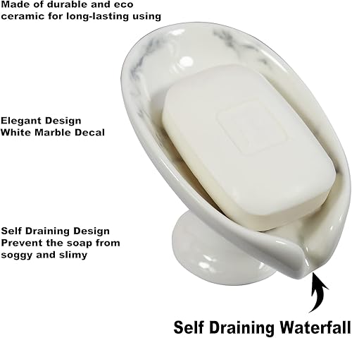Miniatura 2 de Jabonera autodrenante de cerámica de mármol blanco, soporte de soporte para jabonera, jabonera, jabonera, jabonera, para baño, ducha, mostrador de